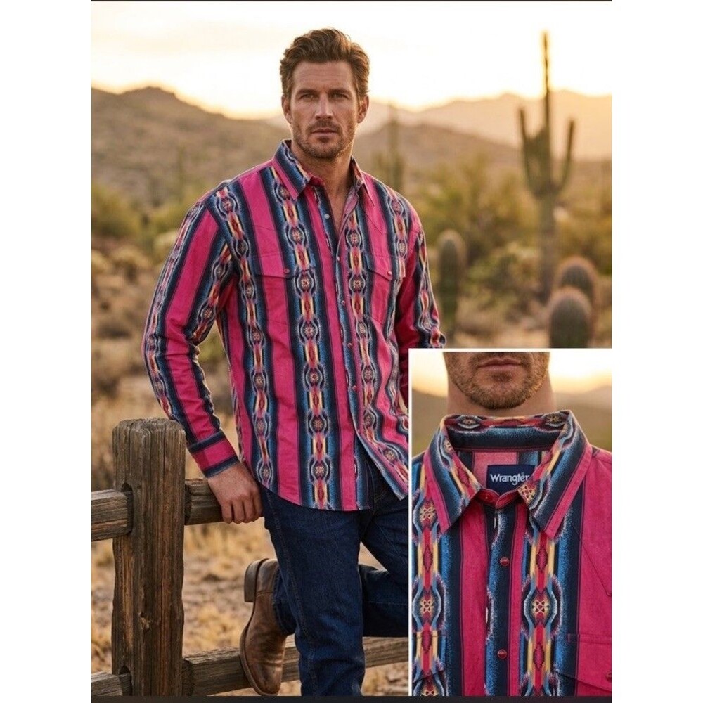 Vtg Wrangler XXL Men Southwestern Aztec pearl snaps Shirt Cowboy Red Blue Boho